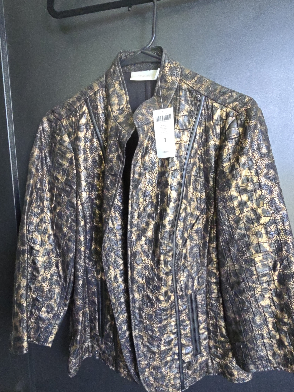 Chico's Metallic Black and Gold Croc-Textured Jacket
